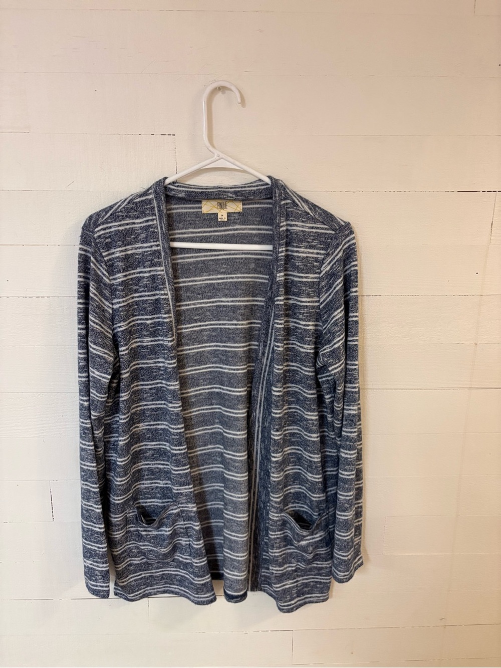 Pinque Striped Open Front Cardigan Blue White Size Medium Pockets